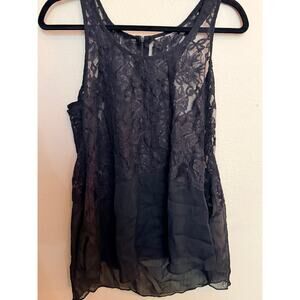 Women's Floral Lace Overlay Sheer Chiffon Hem Sleeveless Tank Top Black S